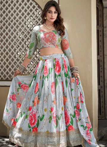 Embroidered Sky Blue Crushed Chinon Lehenga Choli For Wedding
